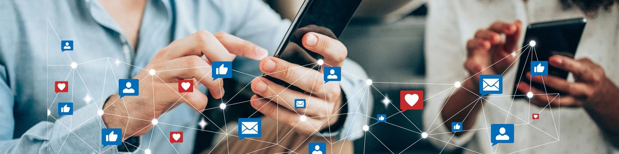 two people on smart phones with overlay of social media network clip art - LMK Floors in Coville, WA